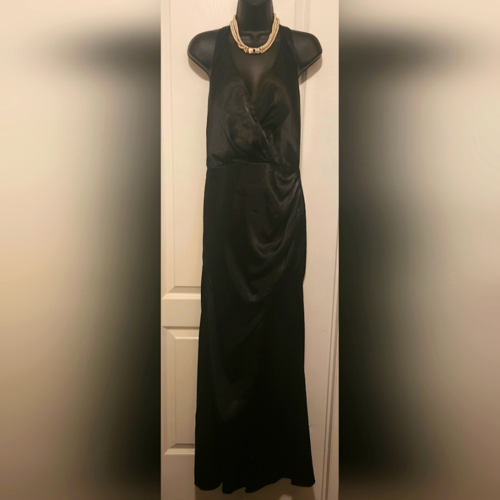 Galina Signature Black Backless Maxi Gown with Halter Neckline for Cocktail EUC
